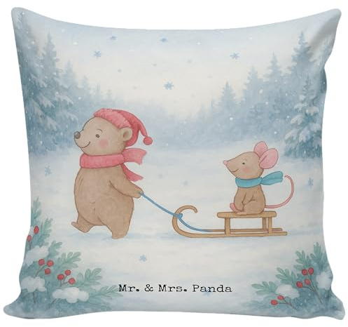 Mr. & Mrs. Panda Deko Kissen Bär und Maus Schlitten Design - Geschenk, Sofakissen, kuschelkissen 40x40, Weihnachten, Motivkissen, für Sofa