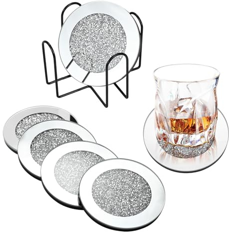 Glass Coaster Set of 6 - Crushed Diamond Ornaments Table Cup Mat with Holder Decoration Drink Mug Pad Kit for Mug/Glass/Wine/Kitchen, Dining, Bar, Home, Coffee, Restaunrant (4 Inch Silver)
