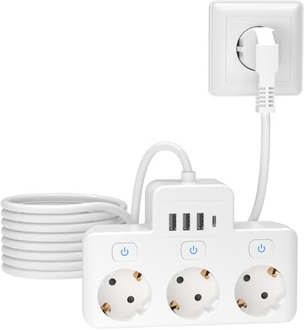 Meisax 7 en 1 Multiprise Extra Plate Blanc 3 Prises avec 3 USB-A et 1 USB-C | 3680W / 16A, USB-C 3,4A charge rapide, PP ignifuge, Avec interrupteur, Câble 1,5m pour Bureau Chambre Accueil Voyage