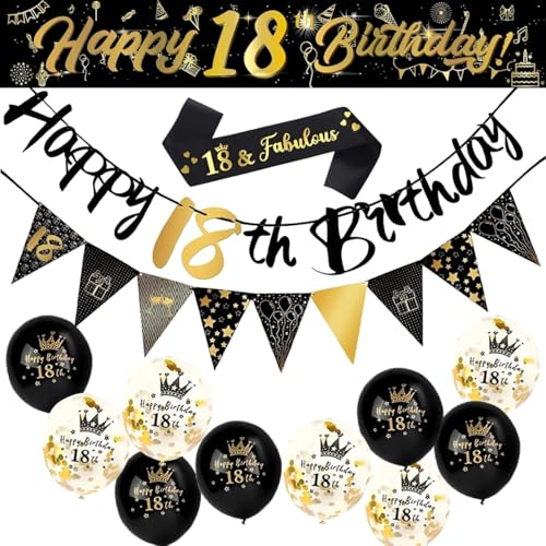 18th Birthday Decorations Banner, Black Gold 18th Birthday Party Banner and Yard Banners, 18 & Fabulous Strap, Triangle Flag Bunting Confetti Party Balloons, 18th Birthday Party Supplies