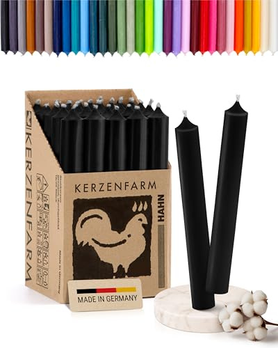 Stabkerzen 10 Stück, 18cm x 2,2cm, Premium Qualität - Deutsche Manufaktur, Kerzenfarm Hahn - lange Brenndauer (8+ Stunden) RAL-Zertifiziert, durchgefärbte Spitzkerzen (Schwarz)