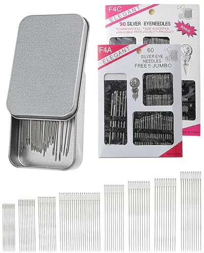FUGLUS Ensemble de 150 aiguilles à coudre à gros chas, deux tailles, pour le travail du cuir. Comprend 2 enfile-aiguilles et 1 boîte de rangement en métal Idéal pour le tricot,la broderie, la couture