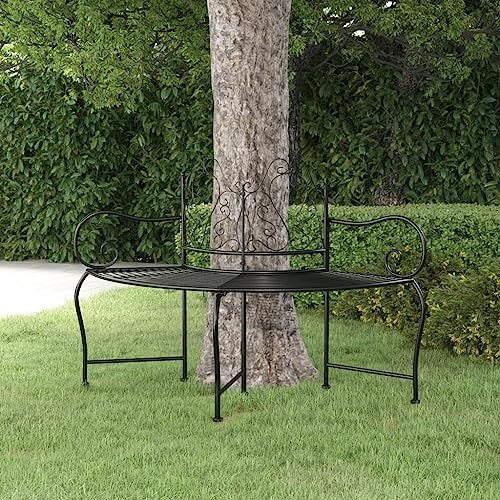 IBUQDDV Baumbank 150 cm Schwarz Stahl Rundbank Gartenbank Metallbank Wetterfest Langlebig Outdoor Sitzbank für Garten Terrasse Hof