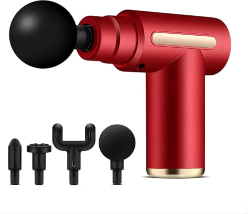 Massage Gun Deep Tissue Electric Mini Handheld Massager Quiet Motor 4 Heads Percussion Muscle Therapy for Back Neck Shoulder Pain Relief Portable Body Recovery Relaxation Device (red)