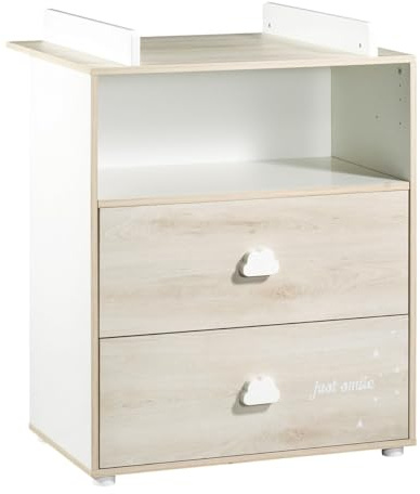 BABY PRICE Commode bébé | Commode 2 tiroirs et 1 Niche | Plan à Langer Inclus | Smile | 76 x 97 x 66cm | Fabriqué en France | Babyprice par Sauthon