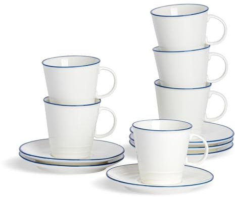 Nicola Spring Ferme Espresso Cup & Saucer Set - 90ml - Blanc/Bleu - Ensemble de 12 pièces
