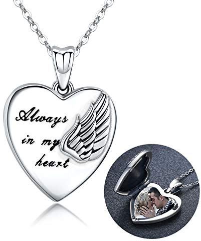 Sterling Silver Locket Necklace That Holds Pictures Guardian Angel Wings Heart Locket Pendant Gift for Mother Mom Mama Women Girl Always in My Heart Photo Lockets Keepsake Gift(Locket Necklace)