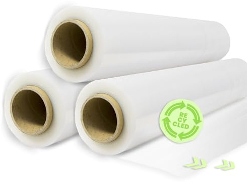 Elastisk plastfilmrulle sträckbar, Transparent 70% återvunnen, 50 cm Extensible Upp till 300 meter lång, Robust industriellt förpackningsskydd, Film för förpackning och pallning (3 rullar)