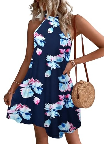 WNEEDU Vestidos de Verano de Las señoras Vestidos Cortos de Playa Halter sin Mangas A-Line Vestidos con Bolsillos Flor Rosa Marino M