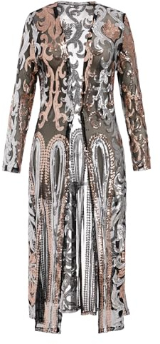 FYMNSI Women Sparkling Sequin Cardigan Duster Long Jacket See Through Mesh Open Front Long Sleeve Dressy Coats for Evening Party Pageant