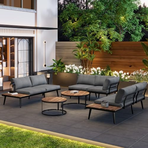 Zravenna Gartenlounge Essgruppe 6-TLG Set mit Ecksofa für 5-6 Personen,Rahmen aus verzinktem Eisen,2x2er-Sofa, 2xEinzelsessel,2xTisch,Essgruppe für Terrasse Balkon Garten Indoor Outdoor (Grau)