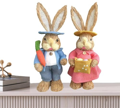 Figura de conejo de pie, decoración de conejo de Pascua de paja | Decoración de Pascua Conejos de paja tejidos a mano | Estatua de animal de decoración del hogar de primavera, 2 conejos de pie para
