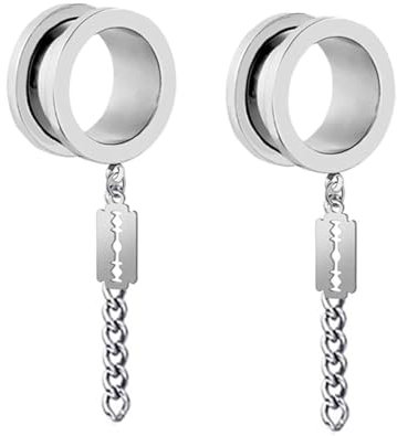 Tolldek 25mm Tunnel Dehnstab Set 2pcs, Rund mit Kette Geometrisch Anhänger Ohrringe Für Tunnel Damen, Edelstahl Silber Ohrringe Rock für Frauen Ohr Expander Piercing Schmuck