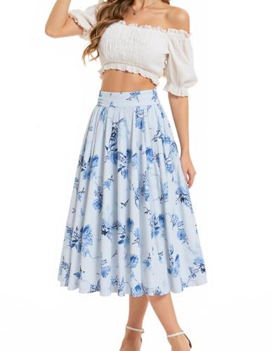 Bbonlinedress Rock Damen a Linie Faltenrock Knielang Sommer Röcke mit Blumendruck Tellerrock Casual Hohe Taille Midirock Blue Rose L