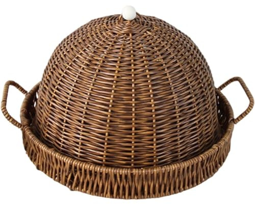 Dinntty Woven Bread Basket with Lid Food Storage Tray Rattan Snack Tray Dustproof Food Serving Basket Handwoven Fruit Basket for Cafe Picnic