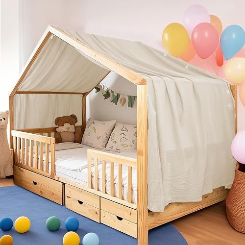 FloraVigo Copriletto da interno realizzato a mano, 100% cotone mussola, copriletto per casa, decorazione letto, adatto per ragazze e ragazzi (132 x 420 cm beige chiaro)