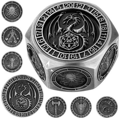 Set de Dés Rotatifs DND, 7-en-1 Métal Dés Spinner, Design Relief 3D Hexagone-8 Côtés, Dés Polyédriques Rotatifs pour Jeux de Rôle, Cadeaux D&D avec Boîte Cadeau, Accessoires de Jeux de Société, Argent