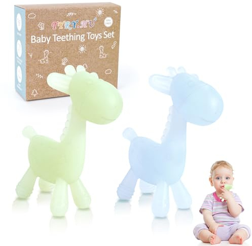 TYRY.HU Beißring Baby Silikon Beißspielzeug kühlend Zahnungshilfe Giraffe Kauspielzeug Greifling Sensory Kühlender Hirsch Kinder Relief Beißring 3 6 12 Monate Geschenke für Jungen und Mädchen 2 Stück