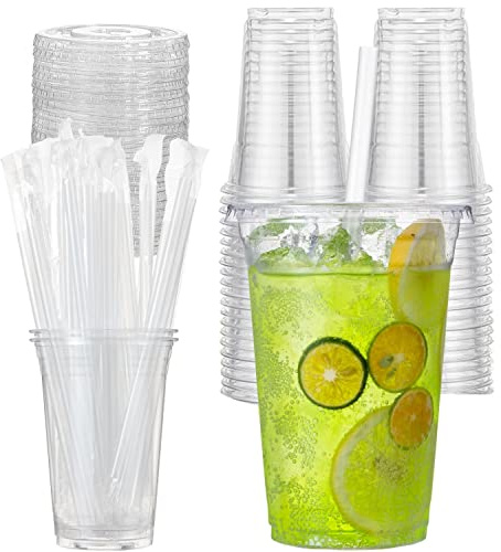 Artsotroly 20 oz Clear Plastic Cups with Lids and Straws, Disposable Drinking Cups for Cold Drinks, Iced Coffee, Milkshakes, Smoothies, 25 Sets