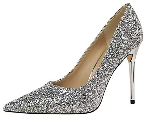 Dam spetsig stängd tå stilett högklackat 9,5 cm slip-on klänning pumps domstol skor pumps högklackade skor för fest bröllop nattklubb, SILVER, 36.5 EU