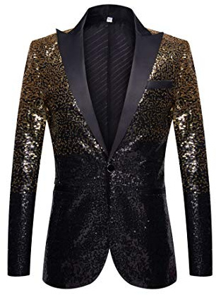 PYJTRL Men Fashion Gradual Change Color Sequins Suit Jacket (Gold Black, 3XL)