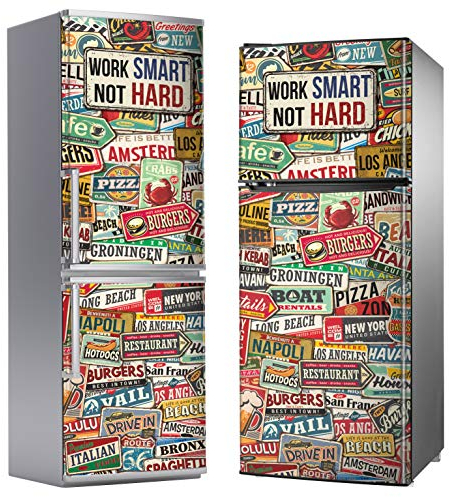 MEGADECOR Vinilo Adhesivo Decorativo para Nevera con Diseño de Carteles Vintage Work Smart, Not Hard (185cm x 70cm)