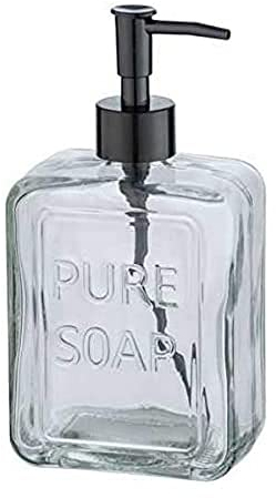 WENKO Seifenspender Pure Soap, nachfüllbarer Flüssigseifenspender aus hochwertigem Glas, großer Desinfektionsmittelspender für Küche, Bad und Gäste-WC, Füllmenge 550 ml, 9,5 x 20 x 6 cm, Transparent