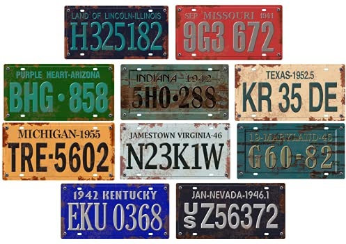Confezione da 10 targhe automobilistiche USA Anni '40/'50 - Replica Vere targhe Americane con Effetto Consumato (OLD4)