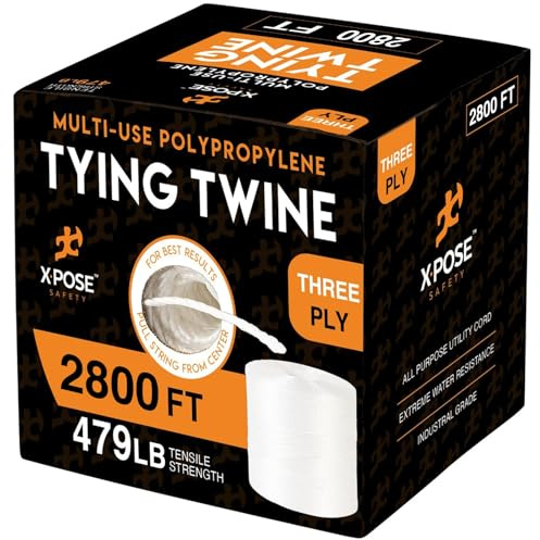 Polypropylene Tying Twine - 3 Ply White Plastic Poly Twine String 2800' Roll - Soft On Hands - Heavy Duty Outdoor & Indoor Tie Line - Baling, Shipping & Bundling Twine, Packaging Rope