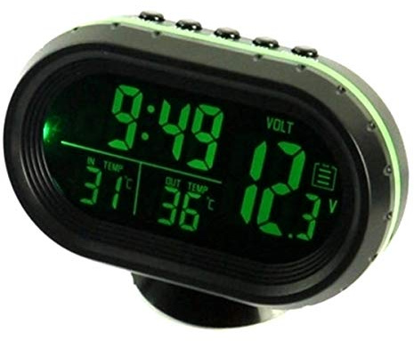 Horloge de Température de Voiture, Ruspela Thermomètre numérique pour voiture - Double jauge de température - Voltmètre LCD horloge Vert