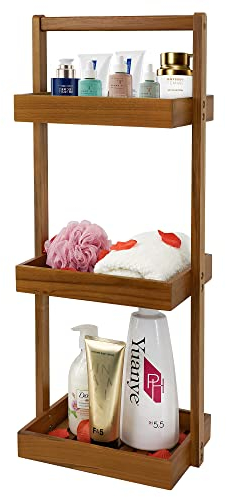 Utoplike Teakholz Dusche Caddy Ecke, 3-Tier-Stand Dusche Veranstalter Regal mit Griff, Bad Lagerung Korb für Shampoo, Tücher, Holzregal für Bad, Wohnzimmer, Büro, Küche Schreibtisch