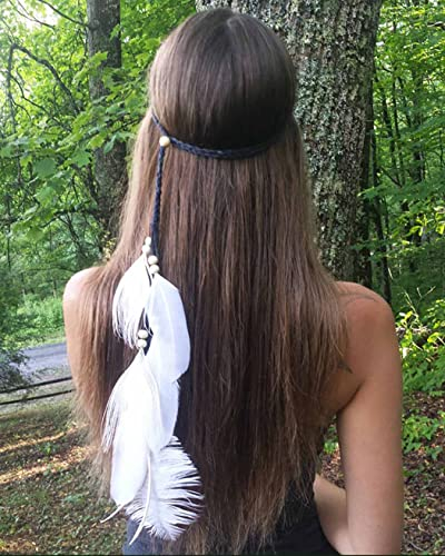 Zoestar Boho Weiß Feder Stirnband Vintage Kopfbedeckung Hippie Indische Kopfkette Festival Haarschmuck Tribal Haarschmuck für Frauen und Mädchen (Schwarz)