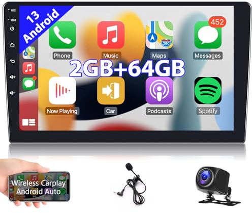 Hodozzy 2GB+64GB Autoradio Kabelloses Carplay Android Auto Android 13 Radio mit Navi 9 Zoll Touchscreen 2 Din Bluetooth HiFi GPS WiFi FM RDS Radio Stereo, Lenkradkontrolle Rückfahrkamera ISO-Kabel