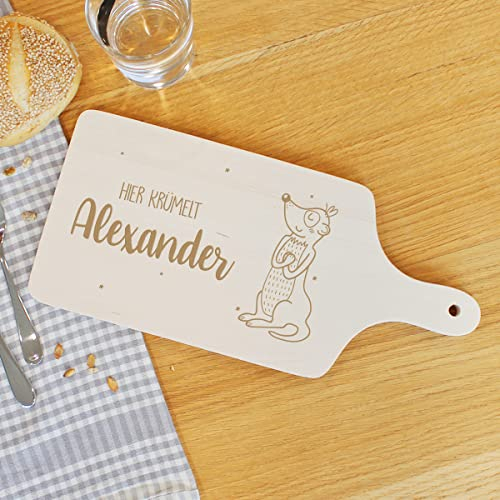 Frühstücksbrettchen aus Holz I Motiv: Erdmännchen I mit Personalisierung I Utensil fürs Kinder-Frühstück I Größe: 16x36 cm