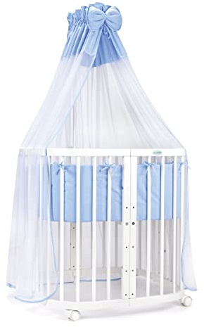 waldin Babybett 7in1, Matratze, Rollen, Regal, Weiß | Stoff Blau, Mitwachsend, Beistellbett aus Holz, Wiege optional