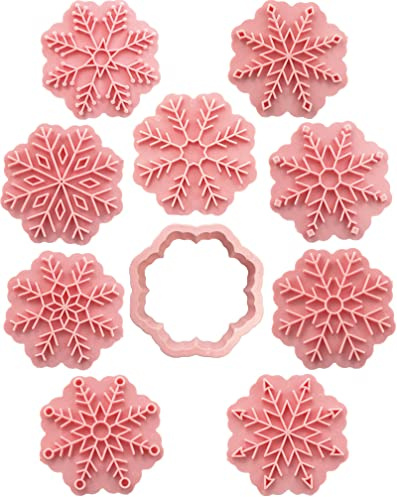 9 Patterns of 3D Snowflake Cookie Stamps Set, Food Grade Plastic 8 Branches Shaped Snowflakes Stamping Cookie Cutters Fondant Stamper Set for Baking (Pink)