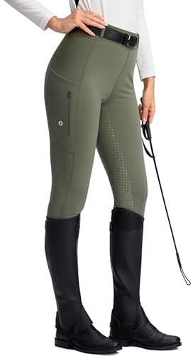 SANTINY Pantaloni da equitazione da donna, con tasche con cerniera, in silicone, con seduta intera, collant per scuola equestre, Salvia grigia., M