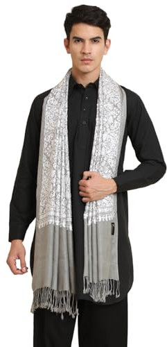 Zamour Luxuriöse Stola aus feiner Wolle, Kaschmir-Seiden-Stickerei, Pashmina-Gefühl für Herren, Grau, 28 inches x 80 inches