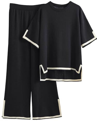 Famulily Damen-Trainingsanzüge, Rundhalsausschnitt, farbblockierter Strickpullover, Oberteil mit hoher Taille, weitem Bein, Hose mit seitlichem geteiltem Saum, S-XL