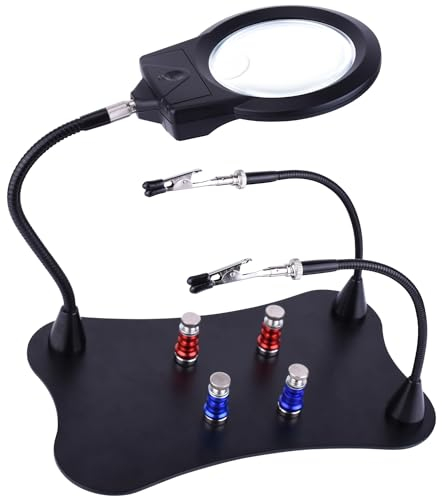 Dritte Hand Löten, Magnetische Löthilfe Helfende Hand mit Lupe Licht, Lötstation mit 4 PCB-Säulen 2 Flexibel Arme, Löthilfe für Schweißer, Schmuckhersteller
