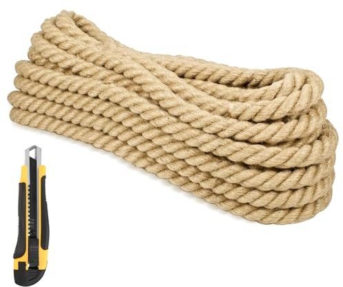 Corde en jute 20 mm x 10 m - 4 brins - Corde décorative naturelle épaisse - Corde d'obstacle torsadée - Corde de jardin pour décoration intérieure et extérieure - Décoration murale, balançoire.