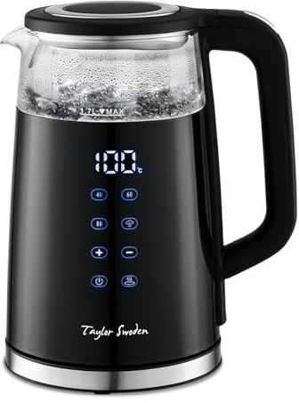 Taylor Swoden Bouilloire Électrique avec Température Réglable en Verre 1.7L | 2200W, double paroi anti-brûlure, 13 niveaux 40-100°C, maintien chaud 4h, Écran Tactile LED, Sans BPA