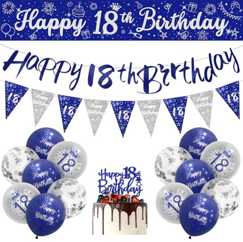 Boys 18th Birthday Decorations Blue Silver 18th Birthday Party Decorations Banner Bunting Kit 16 Pack Navy Silver by Sheinly