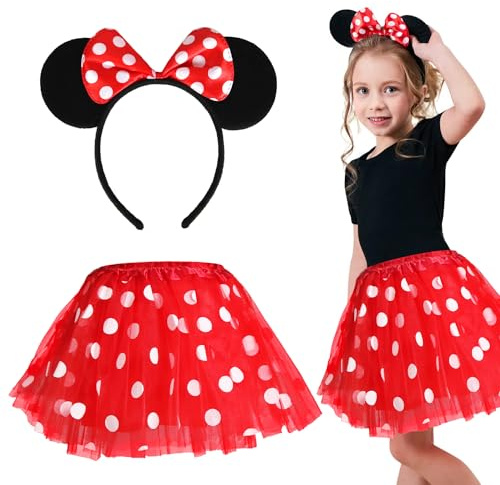 Meleager Deguisement Fille, Costume Carnaval Enfants, Tutu Rouge et Bandeau Oreilles de Souris comme Accessoires Déguisement pour Carnaval, Halloween, Fête Anniversaire