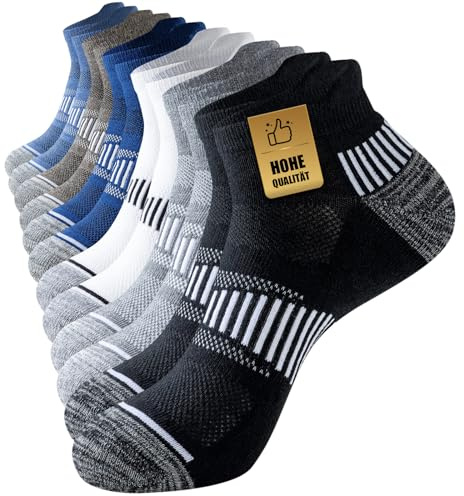 Niorasen Chaussettes de Sport Homme, 6 Paires, Courtes et Rembourrées | 80% coton avec mesh respirant, semelle en bouclette, soutien de voûte et languette au talon; pour course, sport et quotidien