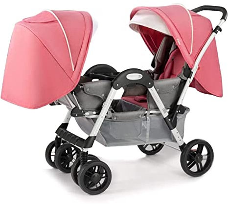 MEHWSUR Passeggino Doppio for Gemelli,Passeggino Tandem Gemellare Pieghevole con Schienale Regolabile,Passeggino Gemellare Leggero con Telaio in Alluminio e Cestino Portaoggetti (Color : Roze)