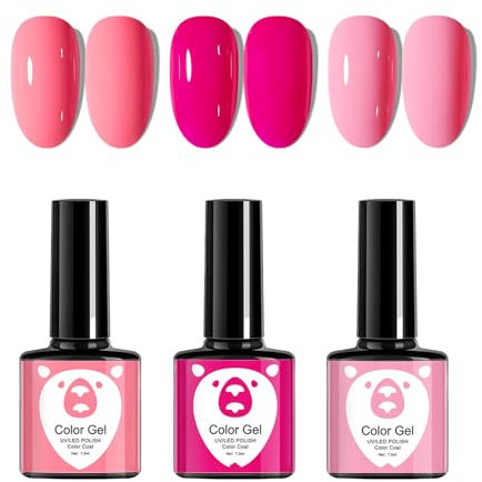 3 PCS Gel Nail Polish Set, Hot Pink & Light Pink Nail Varnish Set, UV LED Soak Off Nail Polish Sets, Glossy Long Lasting Chip Resistant Nail Varnishes for Nail Art Salon & DIY Home for Women & Girls