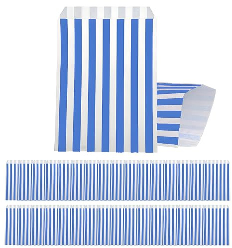 100 Stück Papiertüten, Gestreifte Butterbrottüten, Blau Candy bar Tüten, Klein Geschenktüten Tütchen Säckchen zum Verpacken von Geschenken, Giveaways, Kindergeburtstag, Hochzeit, Party, usw