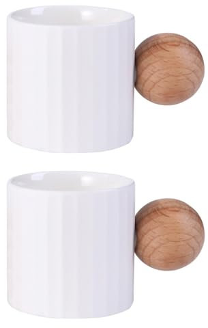 Fire Kirin Set di 2 tazze da caffè in ceramica, mini espresso, 59 ml, con manico rotondo in legno, a righe, per tè o caffè (2, bianco)