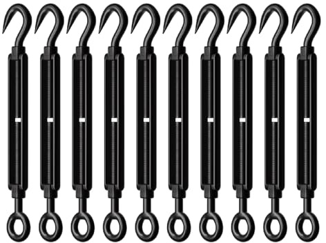 RiaYer 10 Pack Black Stainless Steel M6 Hook and Eye Turnbuckle, Heavy Duty Wire Rope Tensioner, Adjustable Hardware Kit for DIY String Light and Picture Hanging, Shade Sail, Cable Tightening